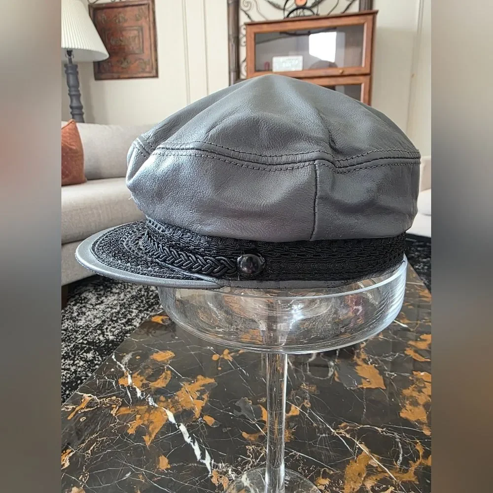 Vtg Gray Leather Fiddler Greek Fisherman Sailor Newsboy Driver Cap M - Picture 5 of 14